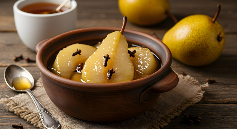 Spiced pears simmered in honey with whole cloves in a rustic bowl