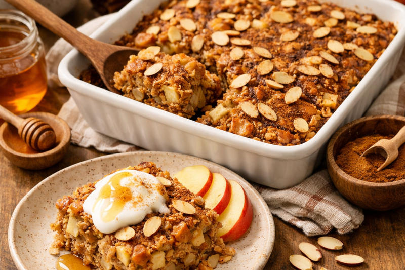 Cinnamon-spiced apple and almond oat bake in a white baking dish